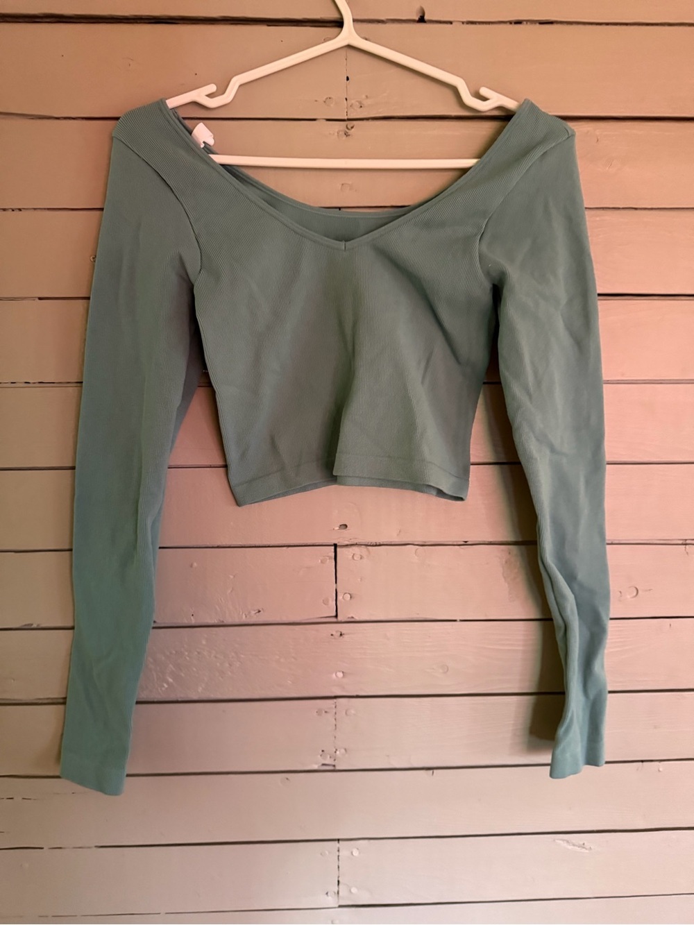 Aeropostale Women's Sage Green Long-Sleeve Cropped V-Neck Top